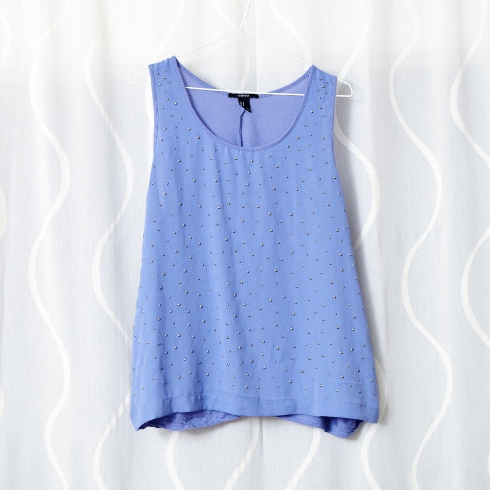 Cornflower Periwinkle Blue Metallic Beaded Studded Flowy Tank Top | Size M